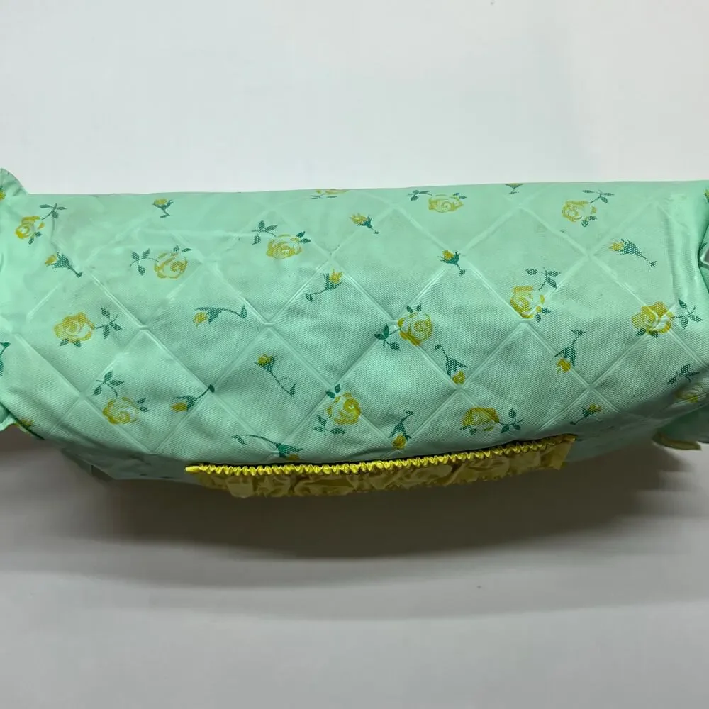 Vintage Lamb Cottage Print Quilted Vinyl Travel Bag Mint Green Yellow Retro Case